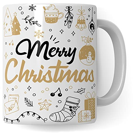 Merry Christmas Tasse Weihnachten Kaffeetasse xmas Geschenk Kollegen Geschenkidee Mama Advent Glühwein-Becher Tee Oma Deko Winter weihnachtlich Rot Gold Amerikanisch (Weiß/Weiß)