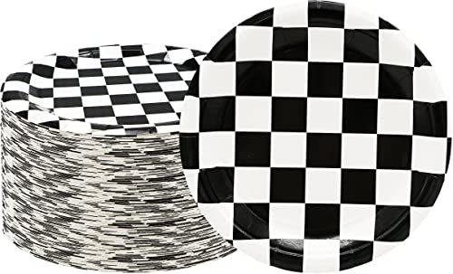 40 Pcs Race Car Birthday Party Supplies Black and White Checkered Party Supplies 7Checkered Paper Plate,Black White Plate for Kids Car Sports Themed Racing Birthday Party Decorations (Black White)
