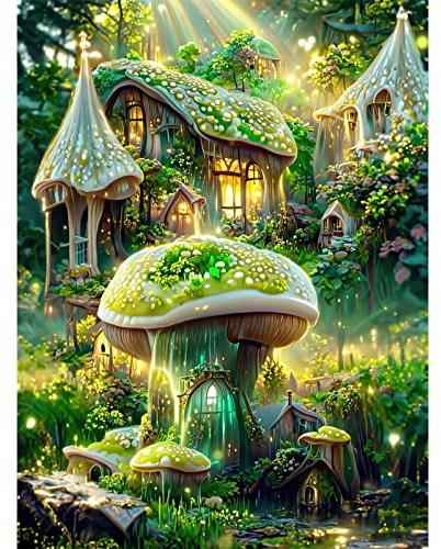 QENSPE 5D Diamond Painting Set Pilz Wald Diamant Painting Bilder Schloss Fantasie Diamond Art Erwachsene Full DIY Diamant Kunst Malerei Stickerei Set Kreuzstich Bilder Home Wand Dekor 30x40cm