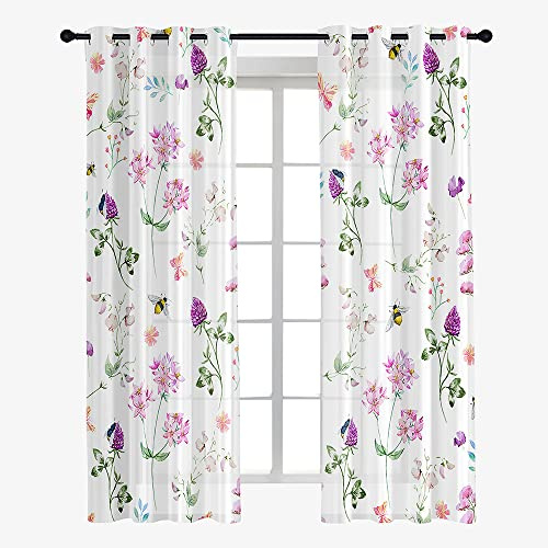 Hiseng Voile Vorhänge mit Ösen, Gardinen Halbtransparent 2er Set, Vorhang Boho Gardinenschals Ösenschal Gardinen Wohnzimmer 3D-Blumendruck Curtains mit Schlaufen (140x160cm,lila Blume)