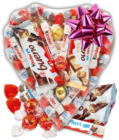 Cuore di Cioccolato con Kinder Bueno, Kinder Schoko-bons, Kinder Cioccolato e Cioccolatini Lindt. Regalo Originale per Coppie. [IAMI]