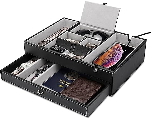 Baoyun Valet Tray 2 Layers Faux Leather Valet Dresser 9 Compartment Nightstand Organiser Tray with Phone Key Wallet, Fathers Day Gift for Dad, Gifts for Husband, Valentine Gifts for Men