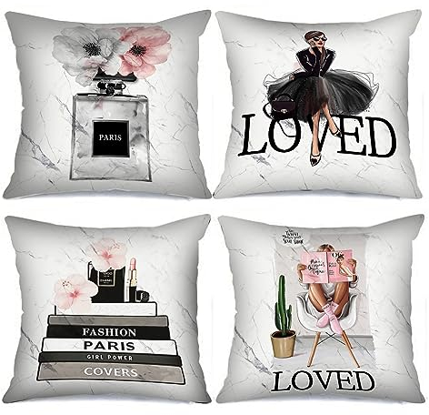 Fashion Woman Picture Cushion Covers Perfume Picture Pillow Covers Decorative 18x18inch Set of 4 Modern Art Pillow Covers Perfume Flowers Marble Background Throw Pillow Cases for Sofa Living Room