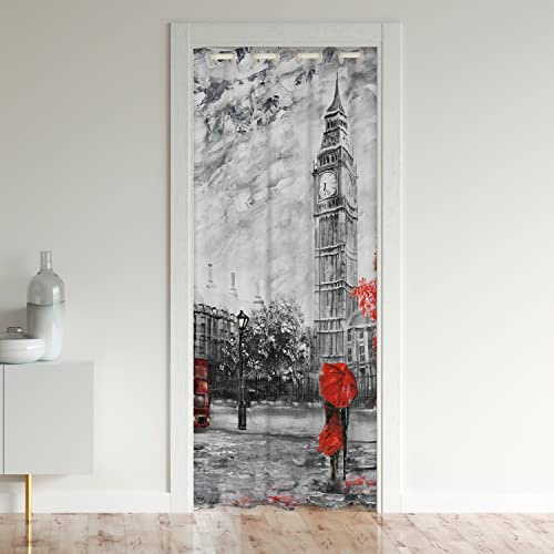 Loussiesd England Big Ben Vorhang Ronmantic Paar Lieber Vorhang für Innentür Raumteiler Grau Rot Bus Isolierter Wärmevorhang für Schlafzimmer Vorhang für Innentür Raumteiler Türvorhang 132x203cm