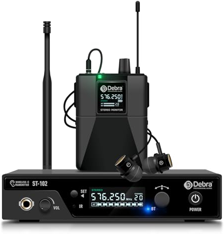 D Debra PRO ST-102 UHF Stereo Wireless in Ear Monitor System,Wireless IEM mit Bodypacks und Headsets,530-580Mhz Sender und Empfänger,Ideal für Bühne,Studio,Sprache(1 Bodypack mit Sender)
