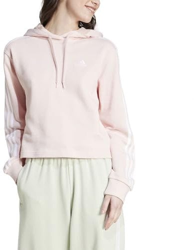 adidas Donna Essentials 3-Stripes French Terry Crop Hoodie, Sandy Pink, XS