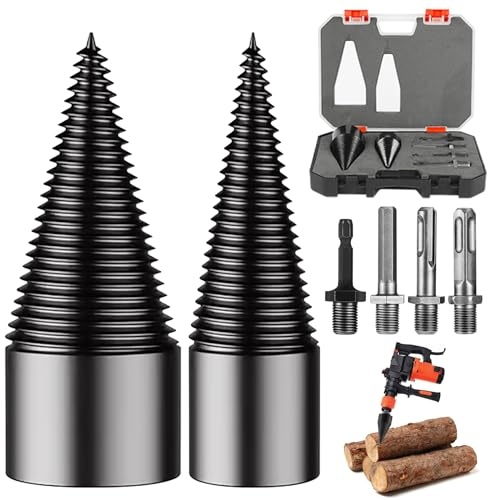MONCAP Punta Spaccalegna per Trapano 32mm+42mm Spaccalegna Cono di Legno Spaccalegna Cono di Legno Vite Conica Spaccalegna con 4 Manici Trapano e Organizzatore-per Taglialegna Trapano a Gradini Casa