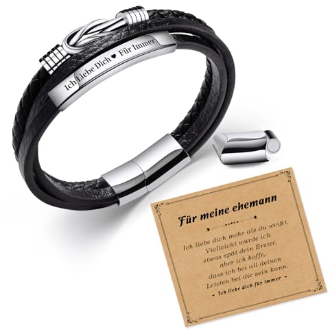 SUNSH Valentinstag Geschenke Für Ihn,Herrenarmband,Geschenk Für Mann/Sohn/Brüder/Paare/Familie/Freund/Ehemann,Valentinstag/Vatertag,Unendliche Verbindung Edelstahl Graviert Leder Armband-Ehemann