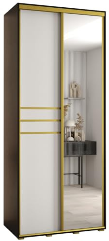 MEBLE KRYSPOL Davos 11 100 Schrank mit Zwei Schiebetüren für Schlafzimmer - Moderner Schrank mit Spiegel, Kleiderstange und Regalen - 235,2x100x45 cm - Schwarz Weiß Gold