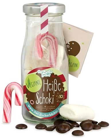 Der Zuckerbäcker DIY vegane heiße Schoki – vegane Schokolade mit veganen Marshmallows und Zuckerstange zum Selbermachen in hochwertiger Glas-Flasche, süße Geschenk-Idee zu Weihnachten und Nikolaus