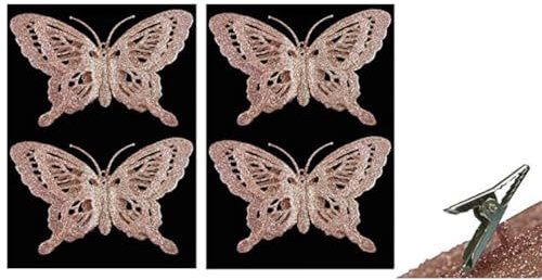 SKYTE® Christmas 4 Pack Clip on Glitter Butterfly Tree Decoration, Wire Wedding Home Flower Pot Christmas Party Home Decor - Rose Gold
