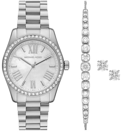 Michael Kors Damen-Geschenkset „Lexington“ mit DREI Zeigern, Edelstahluhr und Schmuck, MK1087SET