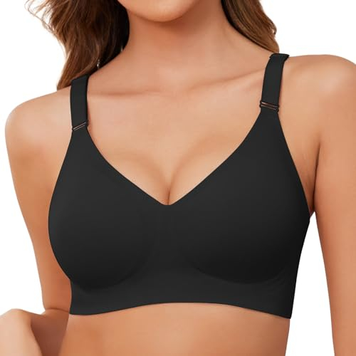 Lonya Bras for Women Push Up Seamless Non Wired Support Full Coverage Ladies V Neck Wireless Bra Comfort Adjustable Padded Zero Feel Bralettes, Black, L