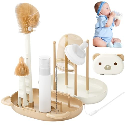 Kit de Nettoyage de biberon de 6 en 1, Support de séchage de biberon Comprenant Une Brosse à biberon en Silicone, Une Brosse à Paille, Une Brosse à téton Un Support de séchage Un Distributeur
