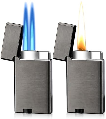 2 x Sturmfeuerzeug Gas Nachfüllbar, Doppelt Jetflamme Feuerzeug, Elektrisches Winddicht für Kerzen Kochen Camping Grill Kamin, Geschenke für Männer (ohne Gas)