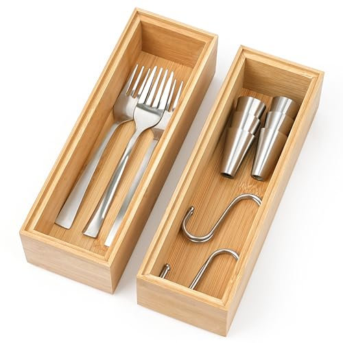 Winter Shore Organizador Cajones de Bambú (Pack de 2) - Organizador Cubiertos Cajones Apilables y Porta Utensilios - Organizador Cocina y Caja Cubertero - Almacenaje Pequeño de Cubiertos y Oficina