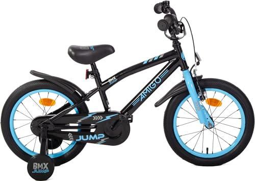 AMIGO BMX Jump - Kinderfahrrad Jungen - 16 Zoll - Mit Rucktrittbremse und V-Brake und Stützräder - ab 4-6 Jahr - Schwarz/Blau