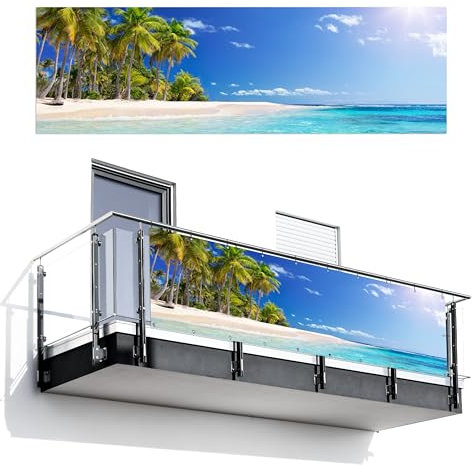 MuchoWow© Balkon Sichtschutz Einseitig 95x300 cm Groß Terrassen Gartenzaun Balkonfächer ohne Bohren Wetterfest für Zaun Terrasse Balkonbespannung Seitenschutz Strand - Meer - Palme - Sommer
