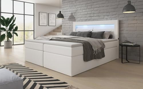 Boxspringbett Reposito 180x200 Doppelbett Polsterbett Bett mit LED-Beleuchtung, USB-Anschluss und Stauraum | Bezug: Kunstleder | Farbe: Weiß | Härtegrad: H4 (100kg+)
