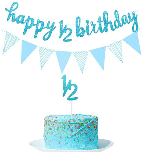 Bliceon Happy 6 Monate Geburtstag Banner, Glitzer 1/2 Halbjahr Cake Topper, Happy 1/2 Birthday Dekorationen für Halbjahr Babyparty - Blau