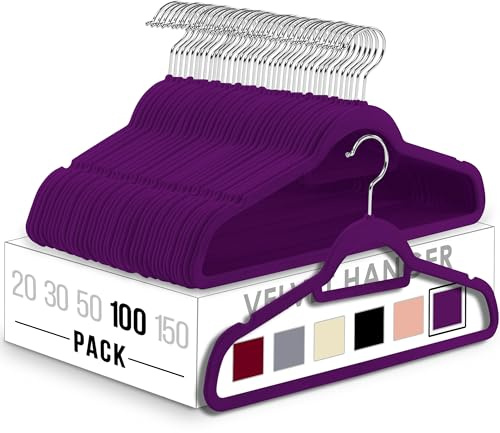Utopia Home Pack of 100 Velvet Suit Hangers with Tie Bar - Heavy Duty Non-Slip Premium Hangers for Adult Clothes - 360 Degree Swivel Hook, Purple