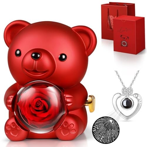 Ewige Rose Bär Geschenkbox mit I Love You Halskette, Konservierte Rose Blumen Geburtstag Geschenke für Frauen Freundin Mutter Frau Muttertagsgeschenk Geschenk Weihnachten