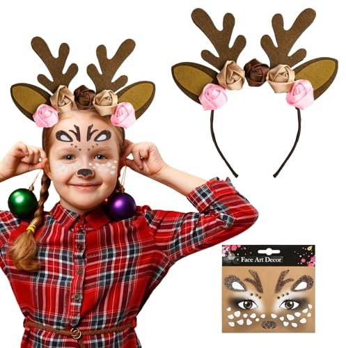 LUYANFX Rentier Stirnband mit Ohren, Weihnachts Stirnbänder, Rentier Haarreif mit Gesicht Aufkleber, Rentiers Kopfschmuck Kinder Mädchen für Weihnachten Karneval Kostüme Cosplay Party (Rentiers)