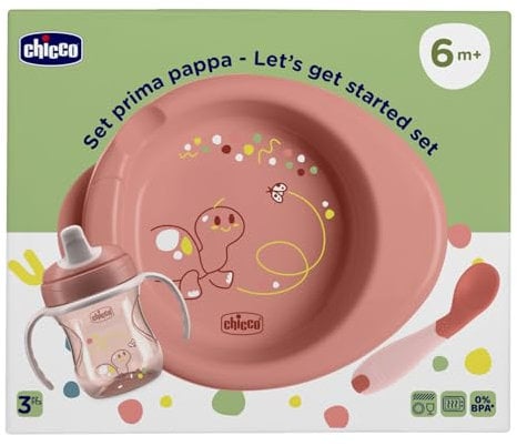 Chicco Set Vajilla Bebé, para la comida compuesto por Copa de entrenamiento, Primera Cuchara, Plato Caliente, Edad 6 meses +, 0% BPA, Rosa