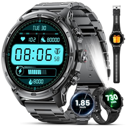 LIGE Montre Connectée Homme avec Torche LED, 1.85 HD Grand Écran IP68 Montre Connectée avec Appels Bluetooth/710mAh Batterie,100+Modes Sportifs avec Fréquence Cardiaque Sommeil pour Android iOS,Noir