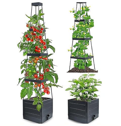 SOONHUA Hochbeet Pflanzkasten mit Rankgitter, 2 Stück, höhenverstellbar, selbstbewässernd, Pflanzgefäß für Terrasse, Gewächshaus, Innen- und Außenbereich