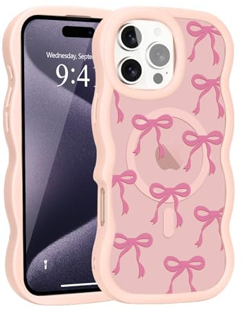Teageo Magnetic Case for iPhone 13 pro max, Pink Frame, Bow with strap | Compatible with MagSafe, Fashion Phone Case, Non-slip Bow Pattern, Cute for Women Girls, Wave Frame