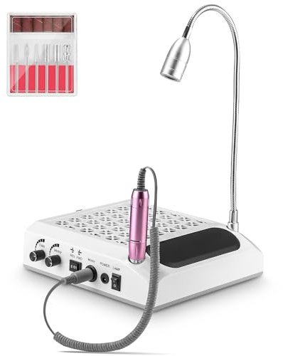 4 In 1 Torno para Uñas Profesional, Aspirador Uñas, Reposabrazos Manicura con Luz Led Ajustable de 360°, 30000 Rpm Lima Electrica Uñas, Drill para Uñas para Uso Doméstico y Salones de Uñas