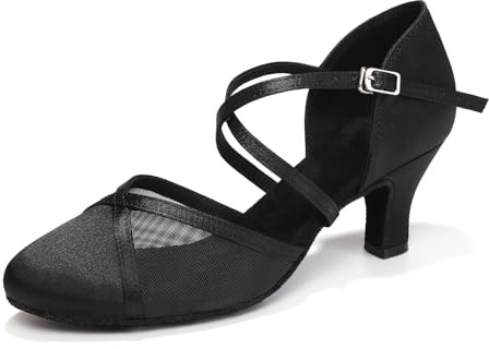 Uonpie Chaussures de Danse de Salon d'entraînement à Bout Fermé Satin Petit Talon Noir Chaussures de Danse Salsa Latine pour Femmes,36EU