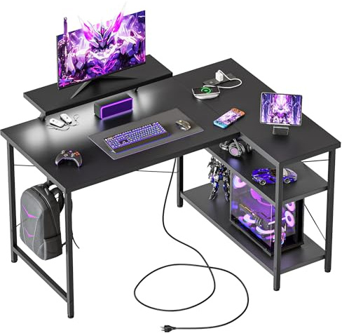 Mericonia Reversible Corner Desk, w. Led & Power Outlets, 100x70cm, Black | Reversible L-shaped desk w. Monitorstand & 2 Hooks, Height-adjustable Shelf, Gaming computer desk for home & office