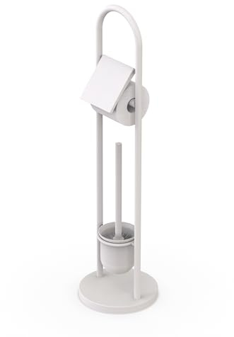 Relaxdays toilet set, stainless steel, HxD: 79 x 22 cm, freestanding toilet paper holder, toilet brush, white.
