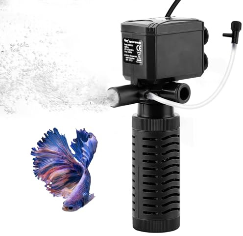 hygger Fish Tank Filter, 4 in 1 Aquarium Filter Pump Internal, Fish Filter Pump, Turtle Tank Fliter, Filtration Circulation Oxygenation Wave-making, for 18-50L Freshwater Saltwater, 6W 400L/H