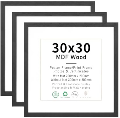ATOBART 30x30cm Schwarz Bilderrahmen MDF Holz,3er Set | rahmen MDF Holz mit Acrylglas aufhängen und aufstellen,für Fotos, Kunstwerke und Poster