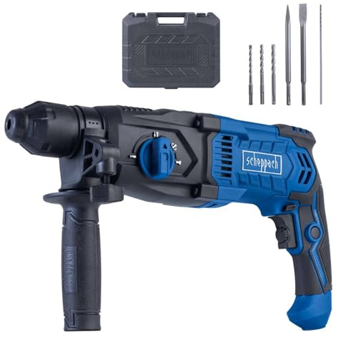 Scheppach Bohrhammer DH2260 | SDS-Plus | 26mm Bohrleistung Beton | 1050W | 3 Joule Schlagkraft | 4in1 Funktion | 5500bpm | Variable Drehzahl | Softgrip | inkl. Bohrerset, Meißelset & Koffer