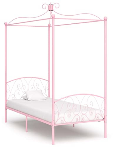 Runheo Himmelbett-Gestell Rosa Metall 90x200 cm, Robustes Einzelbett mit Lattenrost, Elegantes Design für Schlafzimmer, Vorhang- & Moskitonetz-geeignet