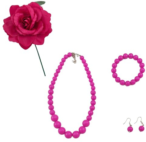 Accesorios flamenca mujer feria, bisutería perlas de plástico, rosa para pelo pinza garra, clip coletero broche, sevillanas romería baile español (Fucias Flor Fucsia, Pack con Flor de palo)
