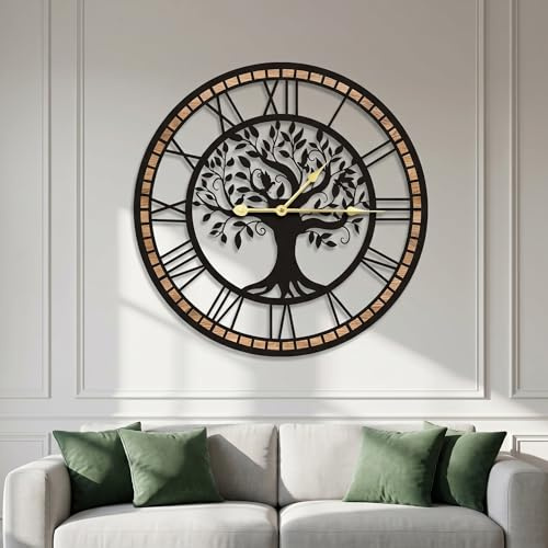 smallwell Orologio da parete grande con albero della vita, nero e legno, numeri romani, rotondo, 40 cm, per soggiorno