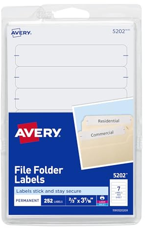 Avery File Folder Labels on 4 x 6 Sheets, Easy Peel, White, Print & Handwrite, 2/3 x 3-7/16, 252 Labels (5202)