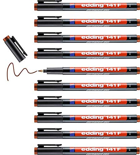 edding 141 F Permanenter Folienschreiber - braun - 10 Stifte - Rundspitze 0,6 mm - Stift zum Schreiben auf Glas, Kunststoff, Folien und glatten Oberflächen - schnelltrocknend, wisch- und wasserfest