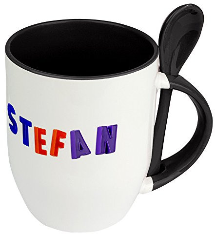 Namenstasse Stefan - Löffel-Tasse mit Namens-Motiv Design Magnetbuchstaben - Becher, Kaffeetasse, Kaffeebecher, Mug - Schwarz
