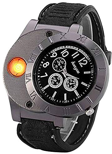 Millya Montre électronique 2 en 1 avec briquet USB rechargeable coupe-vent sans flamme, Noir , taille unique, Sangle