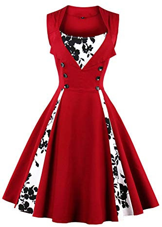 AXOE Robe Femme Vintage Années 50 en Coton Extensible Robe de Cocktail Chic et Élégante Mariage, Soirée, Guinguetteà Fleurs Bordeaux, Taill 40, M