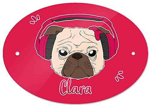 Eurofoto Türschild mit Namen Clara und Mops-Motiv mit Kopfhörer und Schleife in Pink für Mädchen | Kinderzimmer-Schild