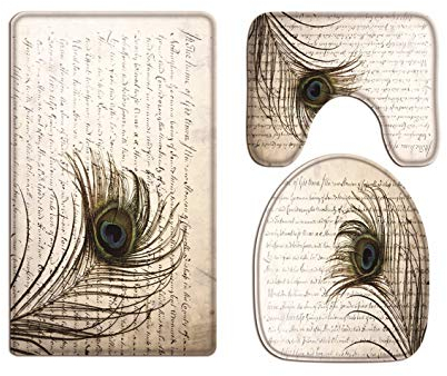 A.Monamour Badezimmer Badematte 3 Teilig Set Vintage Pfau Feder Alten Englischen Skript Schreiben Kunstdruck Bad Matte Teppich Flanell Saugfähig Badteppiche Badvorleger Badgarnitur WC Vorleger