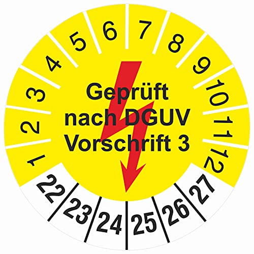 200 Stück 18 mm gelb geprüft nach DGUV Vorschrift 3 mit Blitz Prüfetiketten Prüfplakette 2026-31