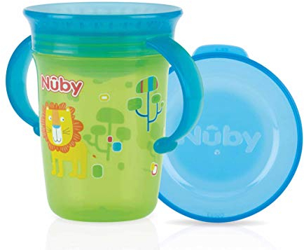 Nuby - Taza Mágica 360º estampada con asas para bebés y niños pequeños - Verde - 240 ml - 6+ meses